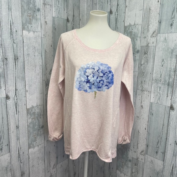 Hand Printed Upcycled Womens Large Hydrangea Floral Sleepwear Sweatshirt - Picture 1 of 5